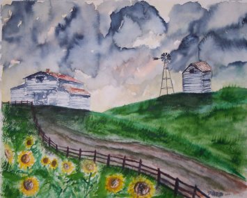 barn with sunflowers painting