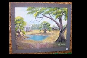 framed plantation house oil painting