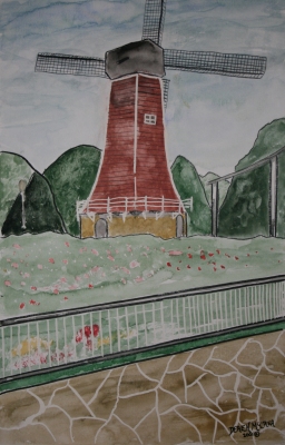holland windmill watercolor painting