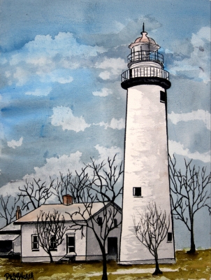 pointe aux barques lighthouse watercolor painting