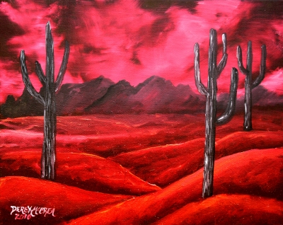 paintings of trees at night. Red abstract painting.