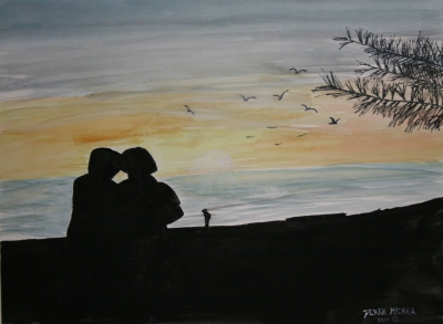 silhouette beach painting